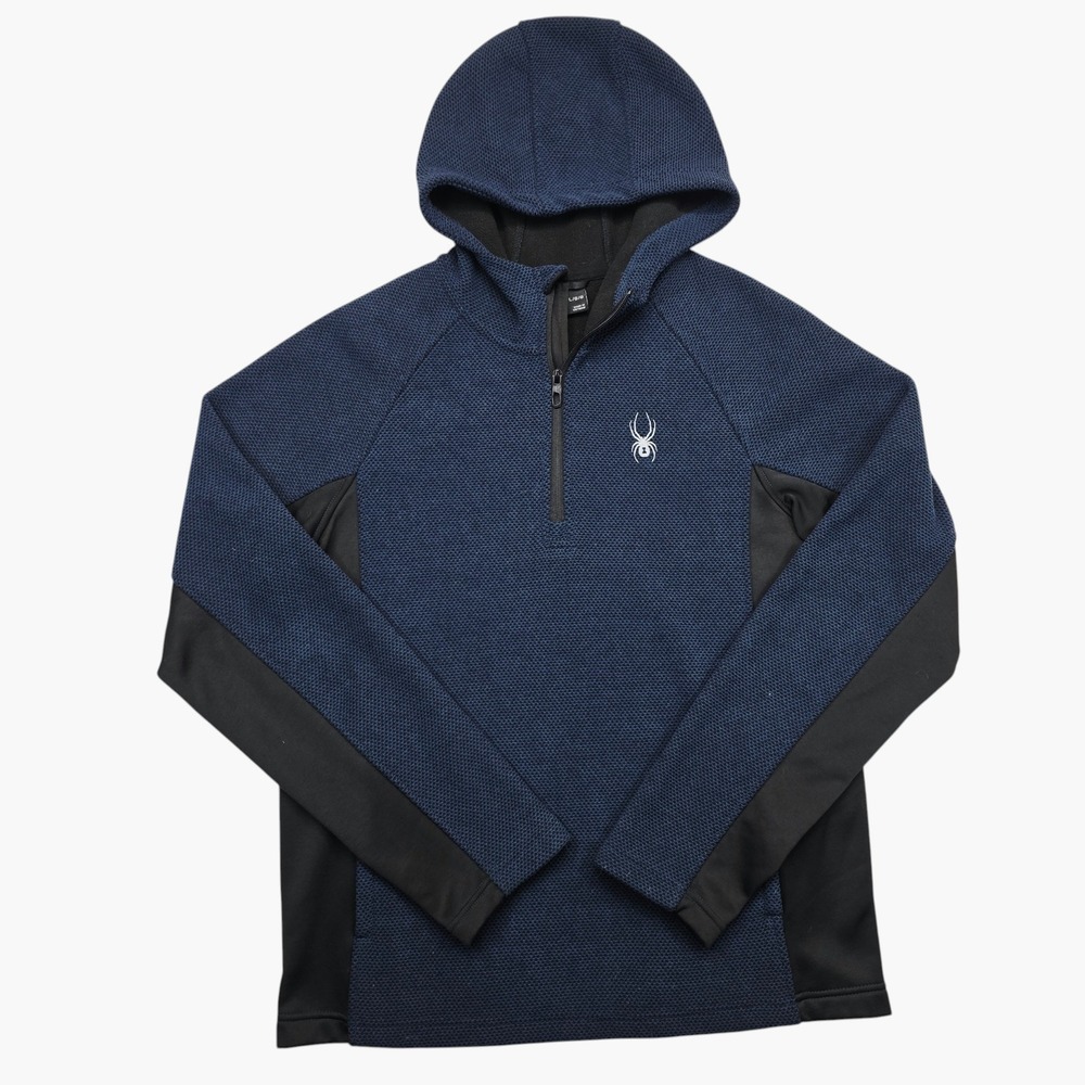 Spyder Mens Navy Blue Quarter Zip Hooded Fleece Pullover Sweater Large L